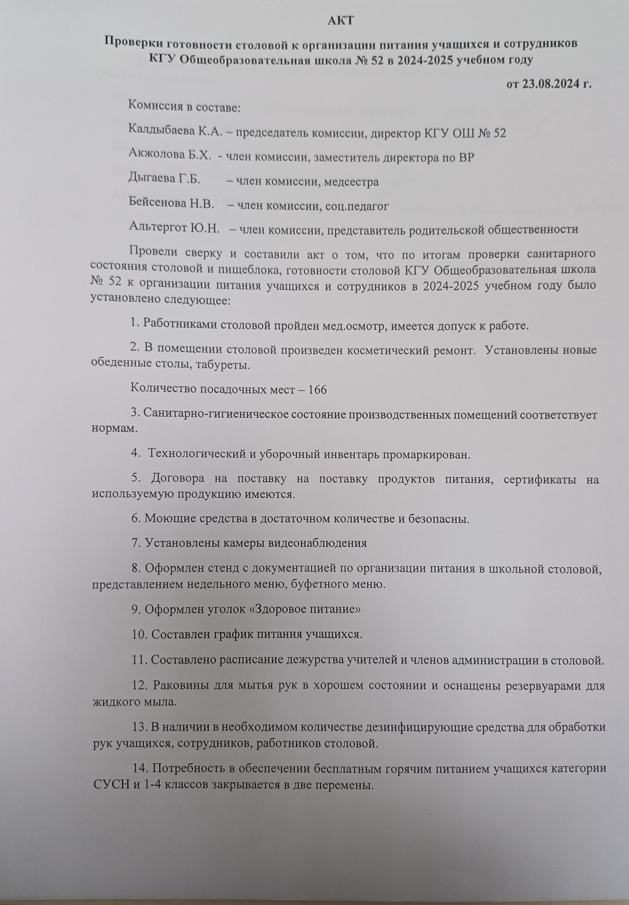 Акт проверки готовности столовой организации питания учащихся и сотрудников  КГУ ОШ 52 в 2024-2025 учащихся.год