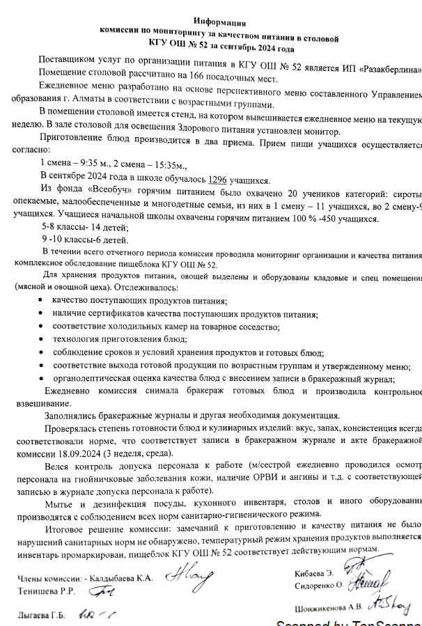 Информация по мониторингу питания за сентябрь 2024/2024 жылғы қыркүйек айына арналған КММ «№52 ЖББМ» асханасында тамақтану сапасын бақылау жөніндегі комиссияның ақпараты