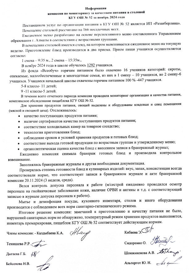 Информация по мониторингу питания за ноябрь 2024/2024 жылғы қараша айына арналған мектептегі оқушыларды тамақтандыру мониторингі туралы ақпара