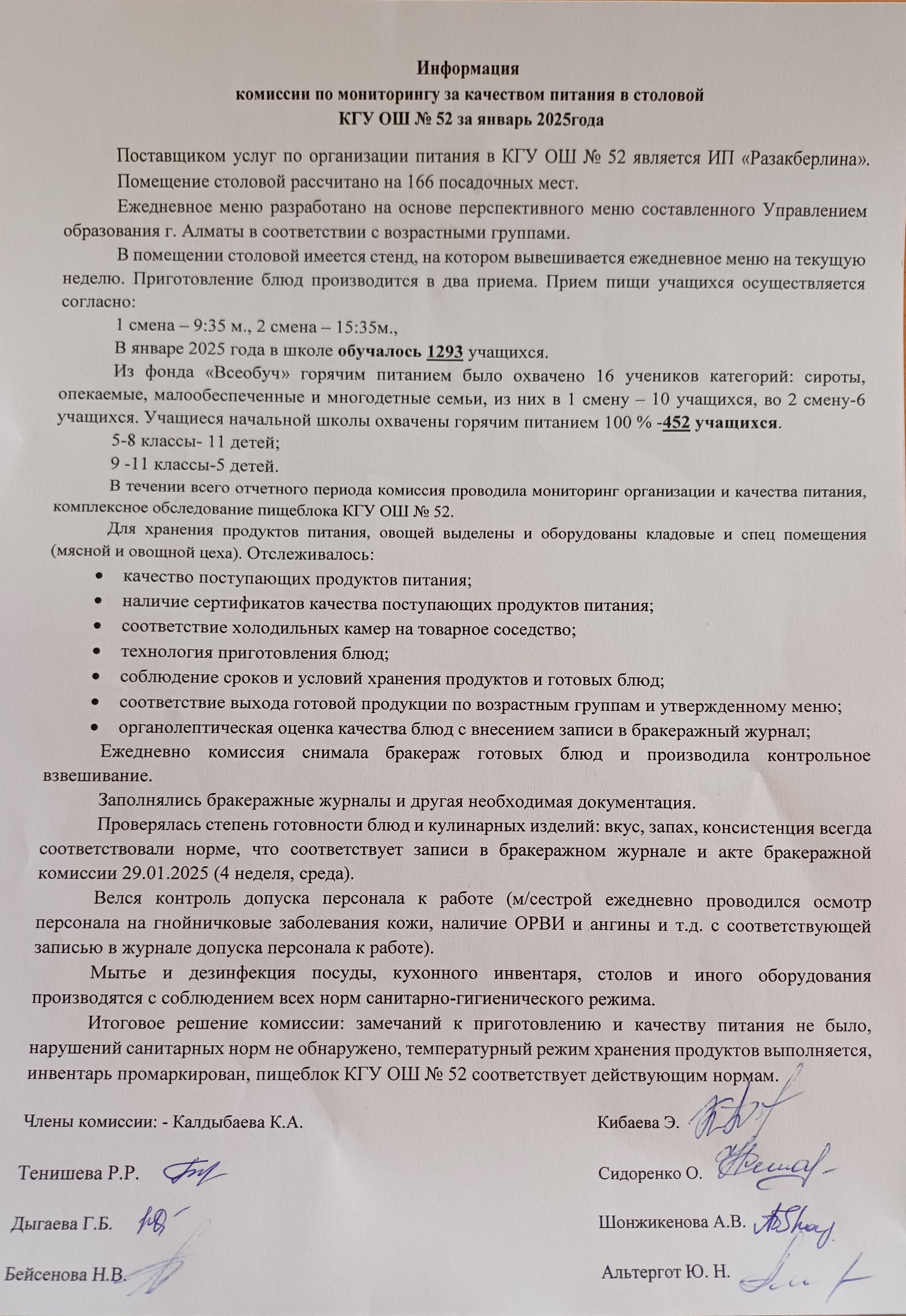 Мониторинг качества питания январь 2025/«2025 жылғы қаңтар айындағы тамақтану сапасын мониторинг»